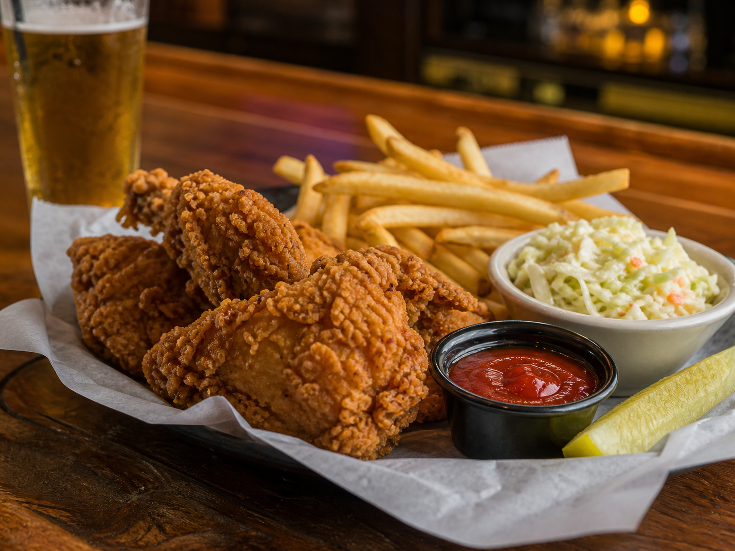 Crispy broaster chicken with fries, coleslaw, pickle and beer